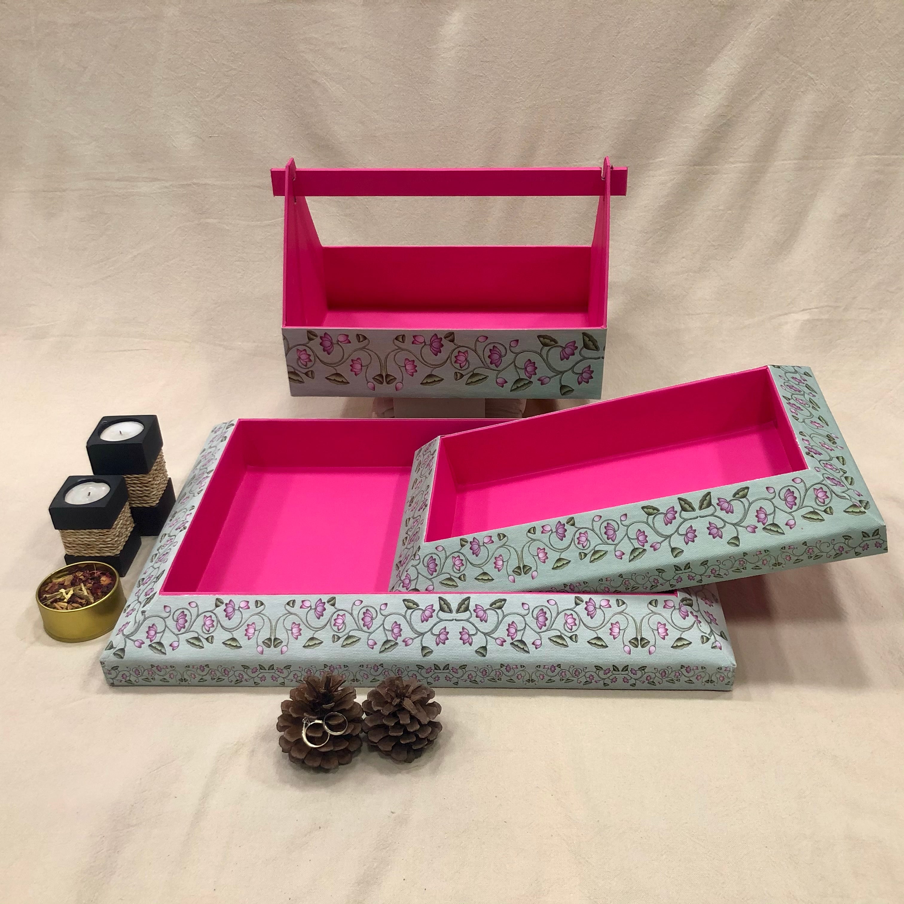 Hamper Trays & Basket Combo on Canvas and Wood Pulp - Pichwai Garnet Green