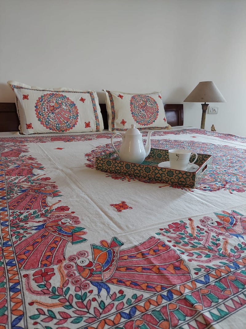 Off White Handpainted Mahubani Art Bed Cover (Pillowcase included)