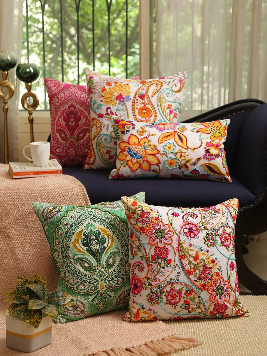 Multicolor Paisley Cushion with Pink & Green Hues