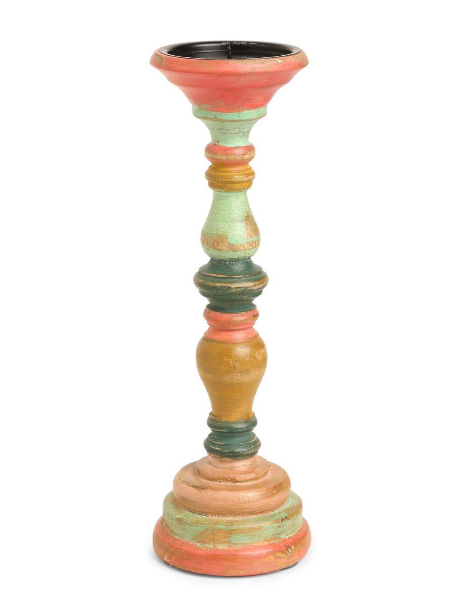 Multicolor Hand Crafted Wooden Candle Holder In Distress Finish