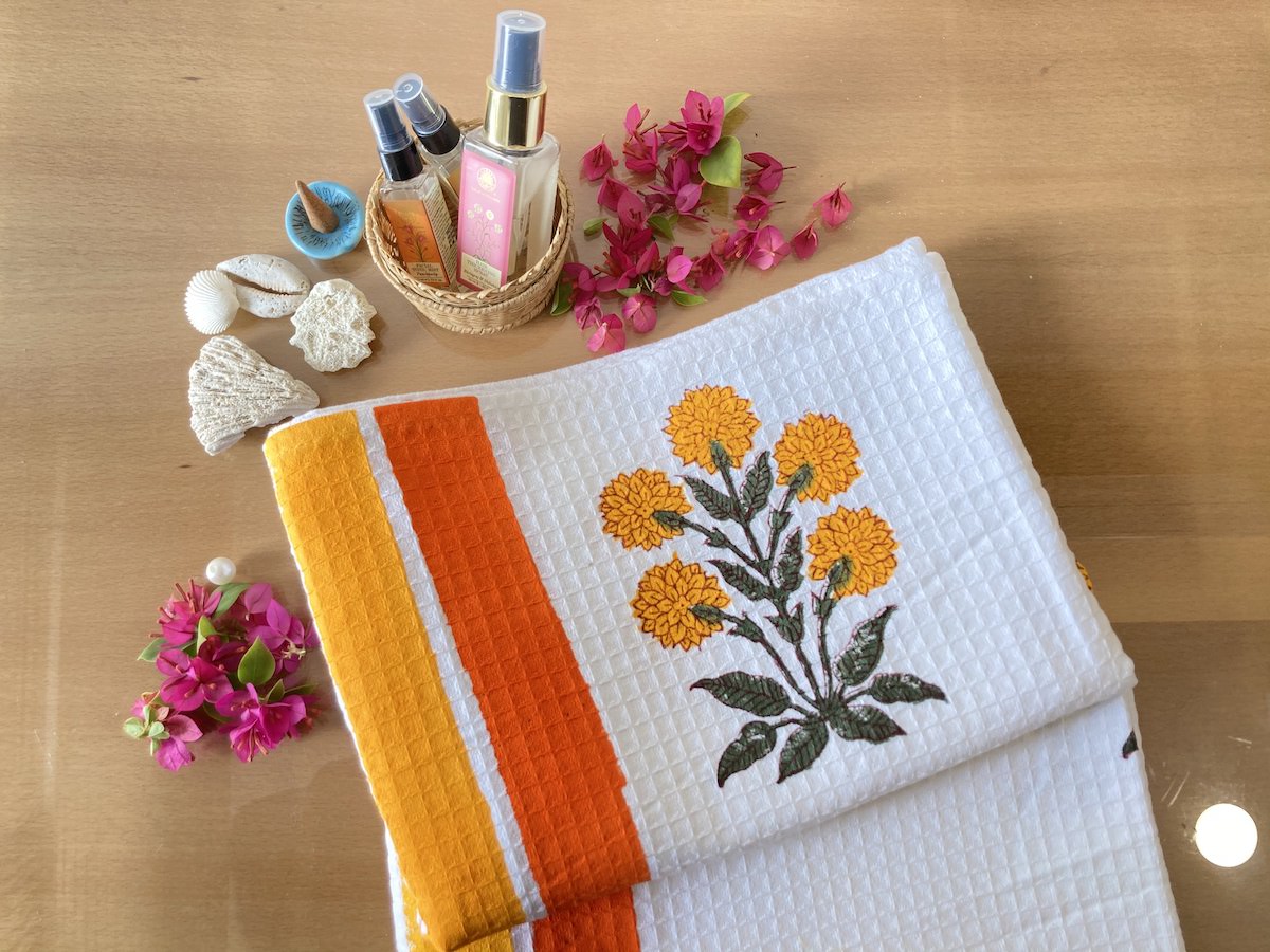 Floral Orange Handblock Print Waffle Towel
