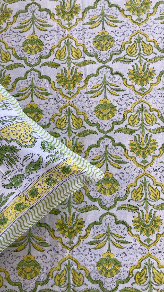 Yellow & Green Handblock Printed Cotton Bedsheet With Pillow Covers