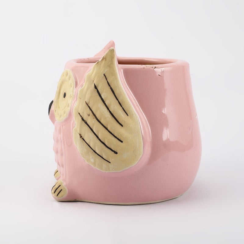 Owl Shaped Pink Textured Ceramic Planter