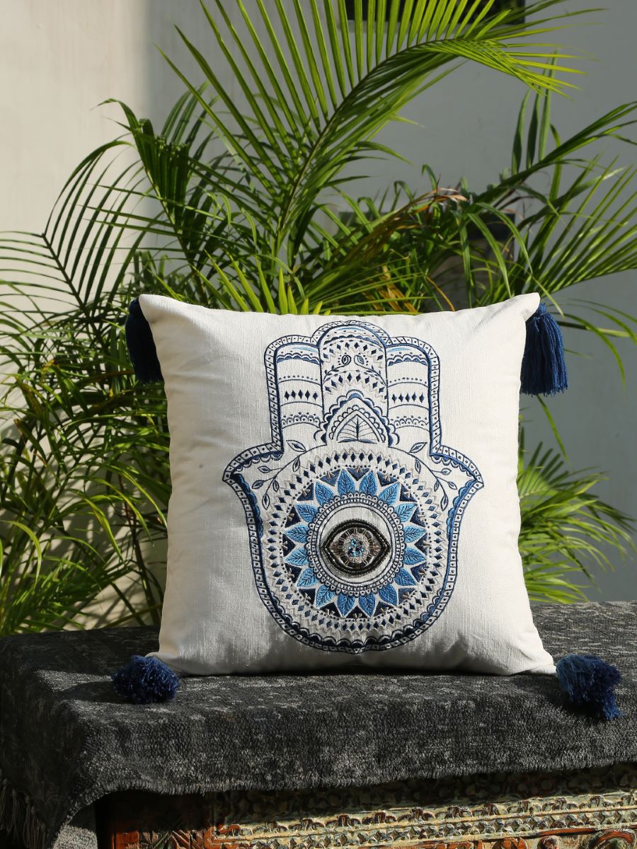 Embroidered Hand Of Hamsa Cushion Cover With Tassels
