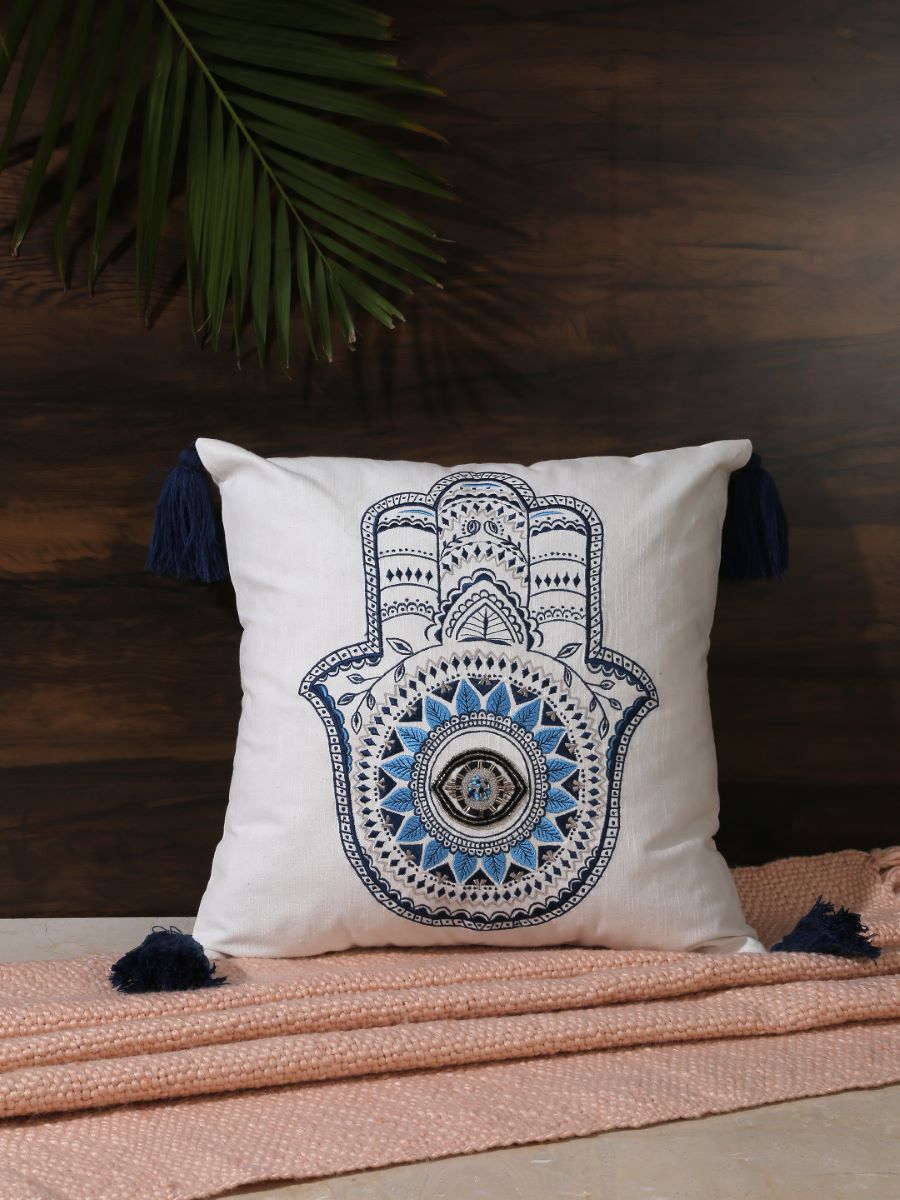 Embroidered Hand Of Hamsa Cushion Cover With Tassels