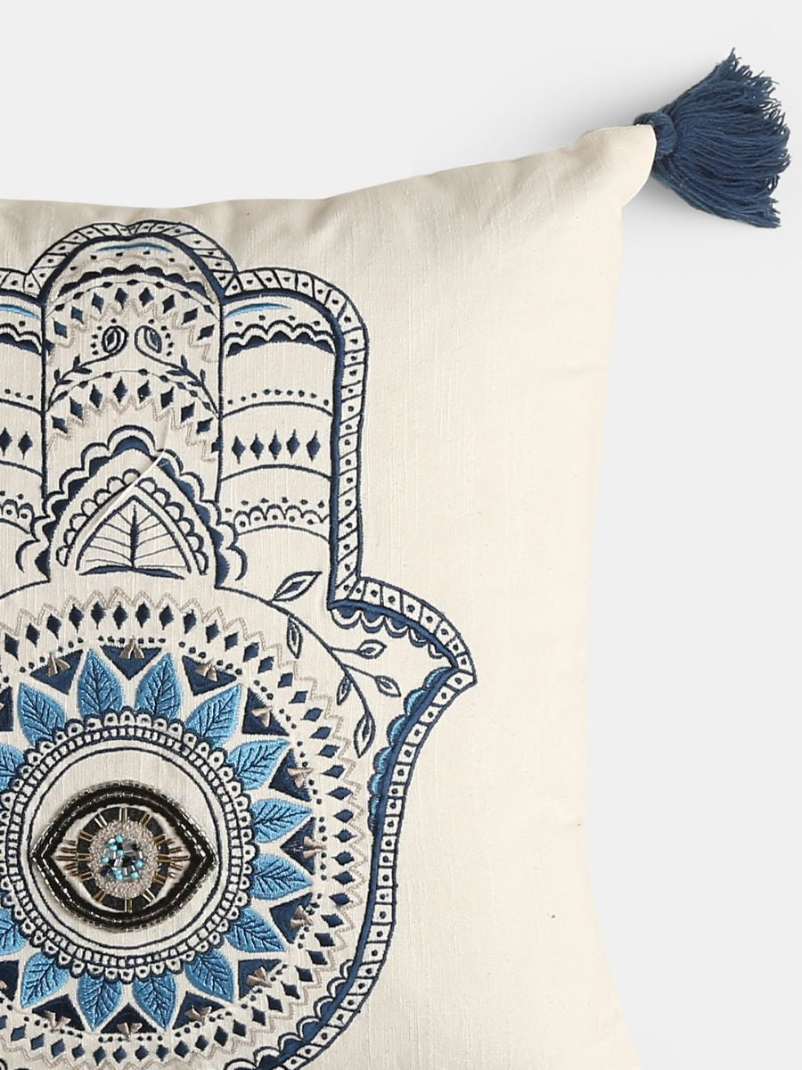 Embroidered Hand Of Hamsa Cushion Cover With Tassels