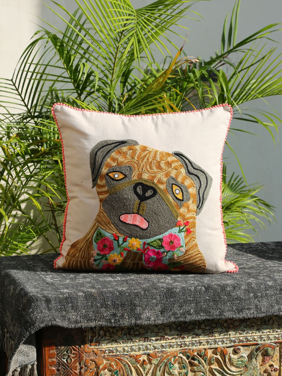 Dog Embroidered Cushion Cover