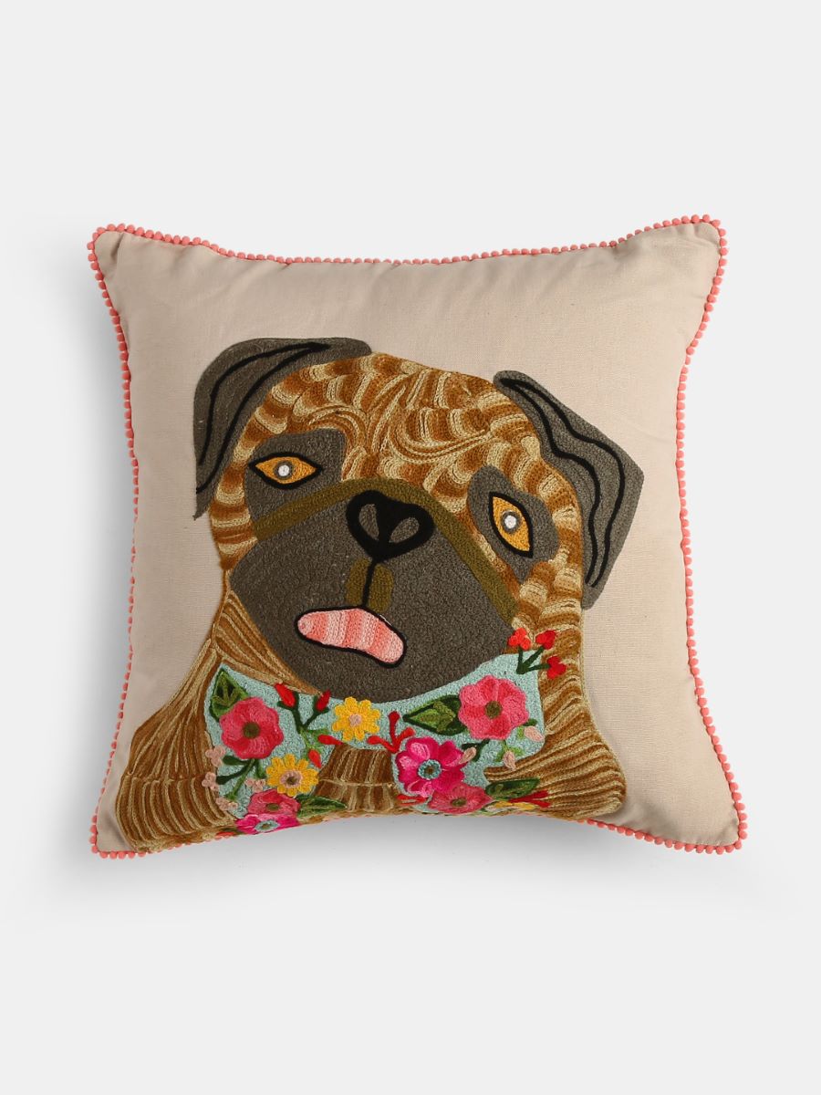 Dog Embroidered Cushion Cover