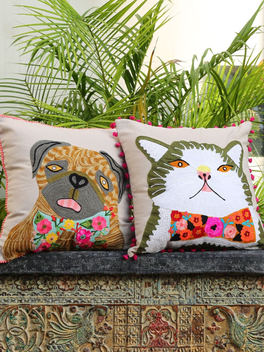 Dog Embroidered Cushion Cover