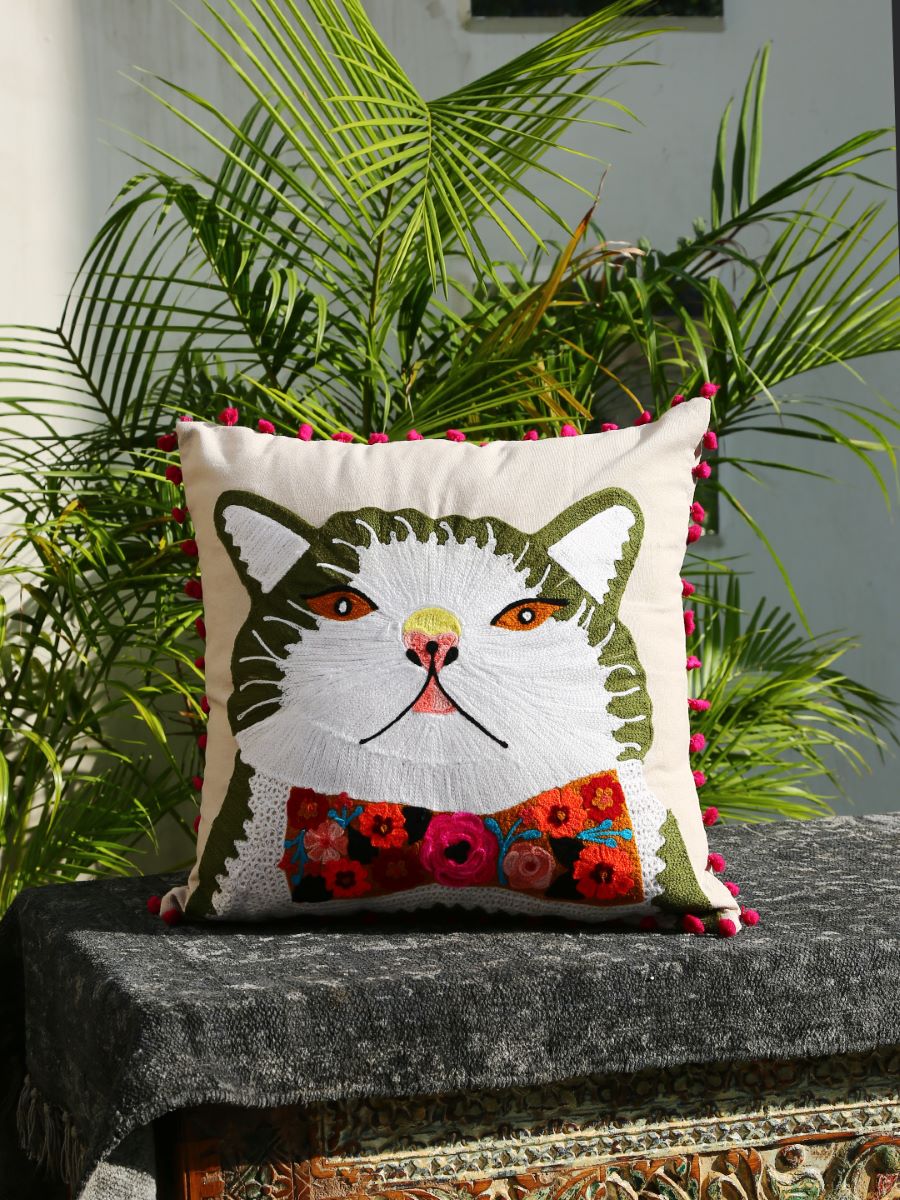Cat With A Bow Embroidered Cushion Cover