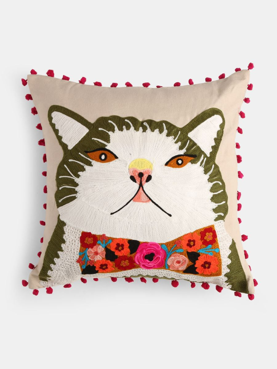 Cat With A Bow Embroidered Cushion Cover