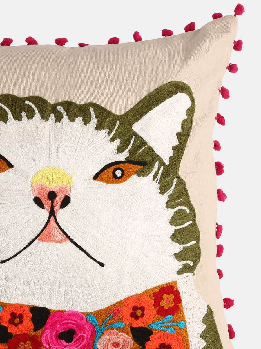 Cat With A Bow Embroidered Cushion Cover