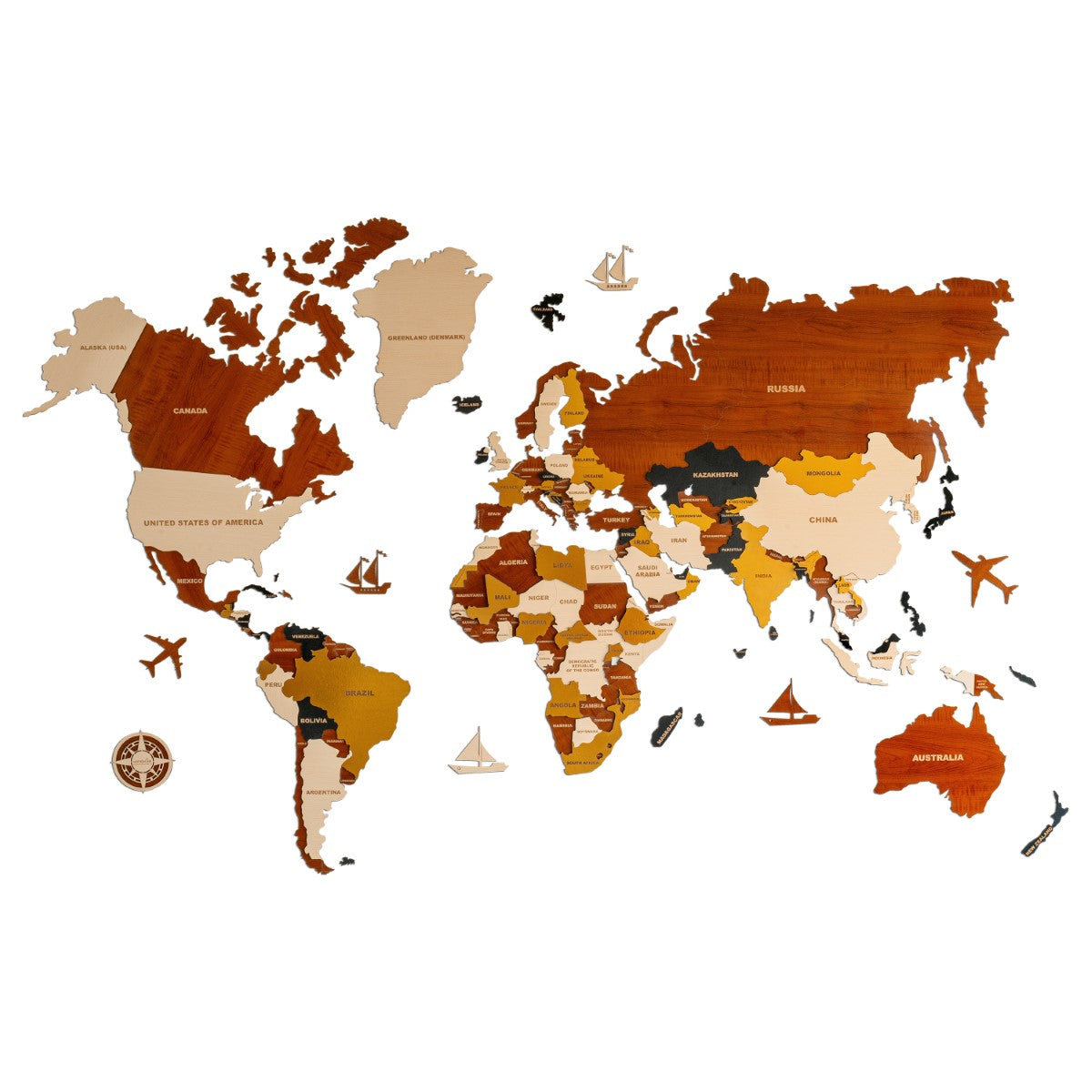 3D Prelaminated Multicolored Wooden World Map