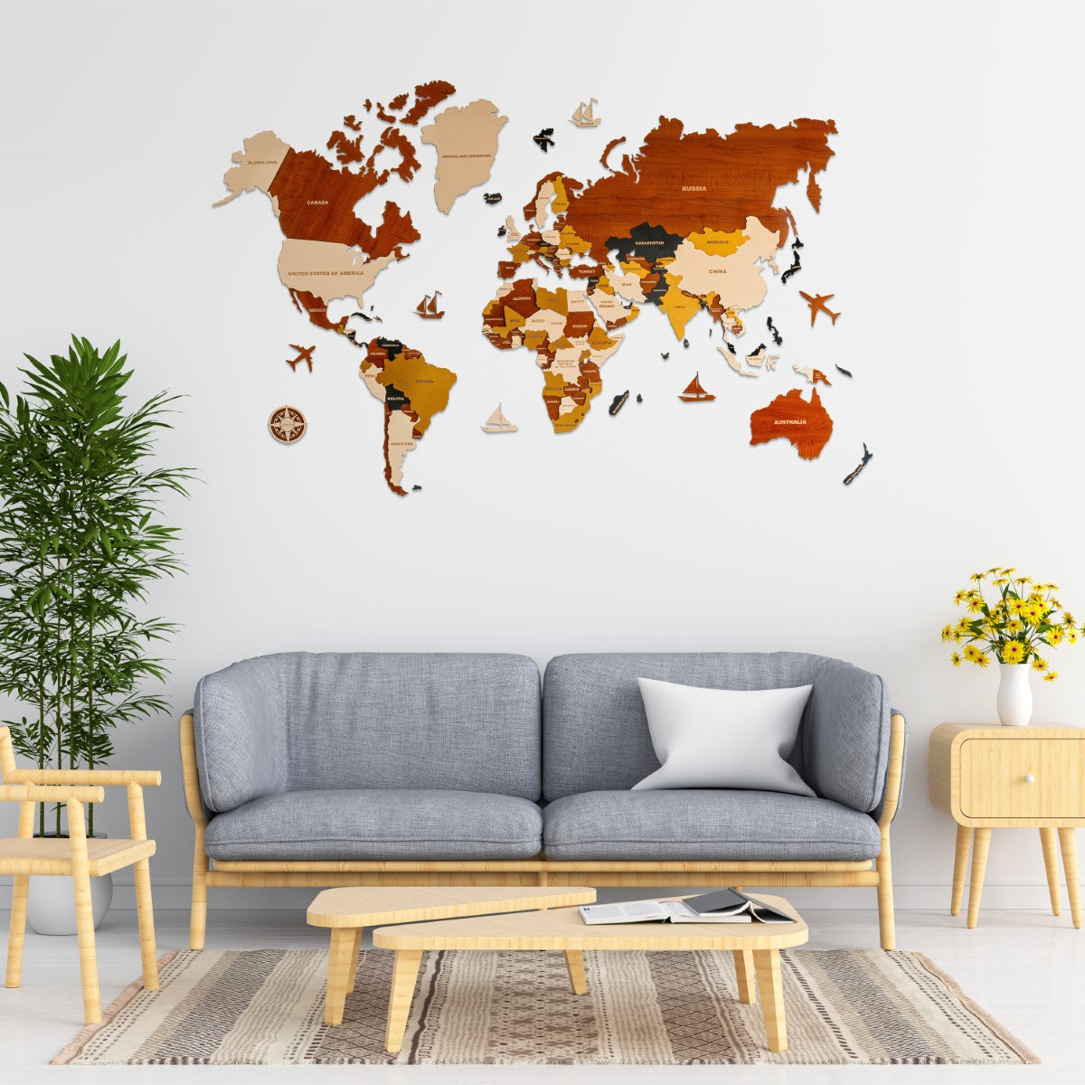 3D Prelaminated Multicolored Wooden World Map