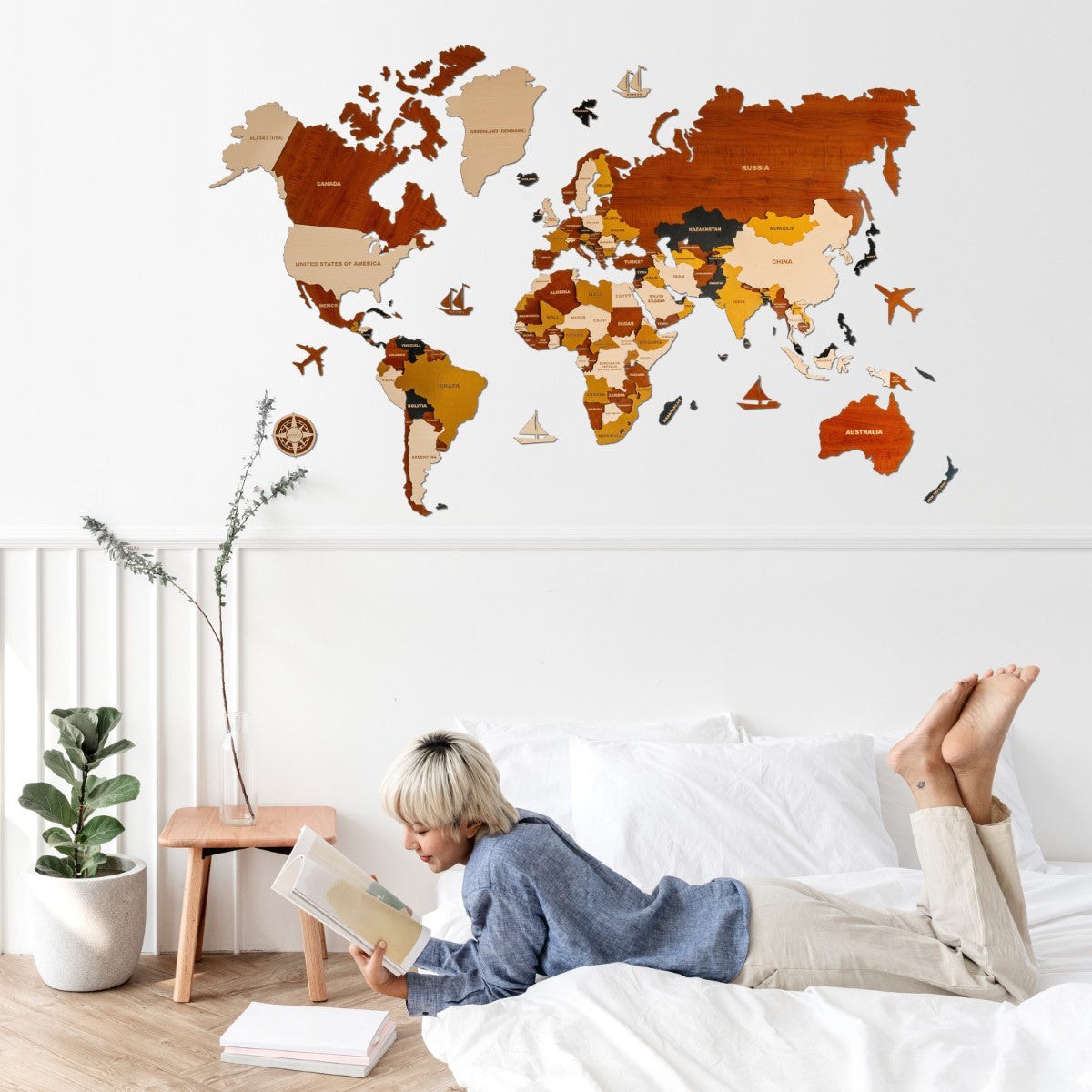 3D Prelaminated Multicolored Wooden World Map