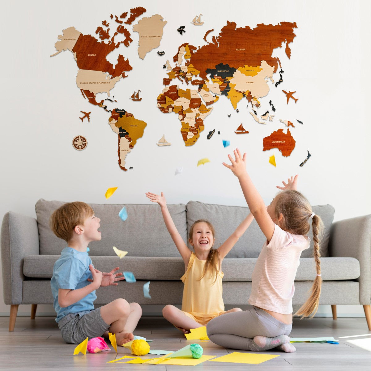 3D Prelaminated Multicolored Wooden World Map