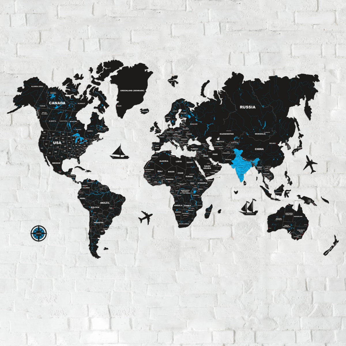 2D Black & Blue Wooden World Map