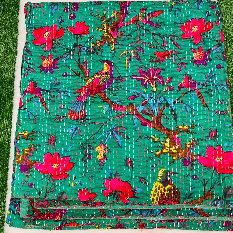 Green Kantha Work Bedcover (Queen Size)