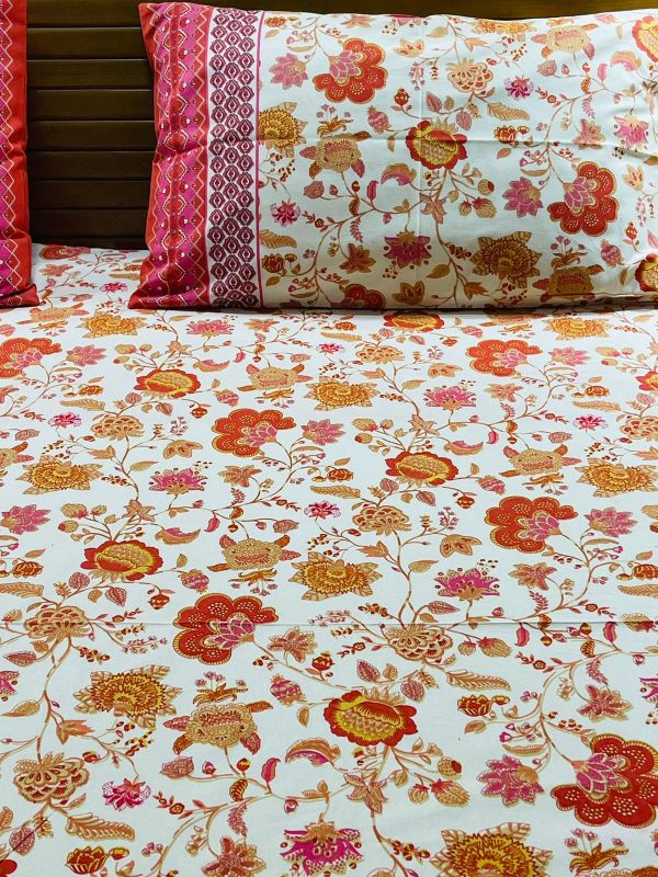 Mustard & Pink Cotton Queen Size Bedsheet