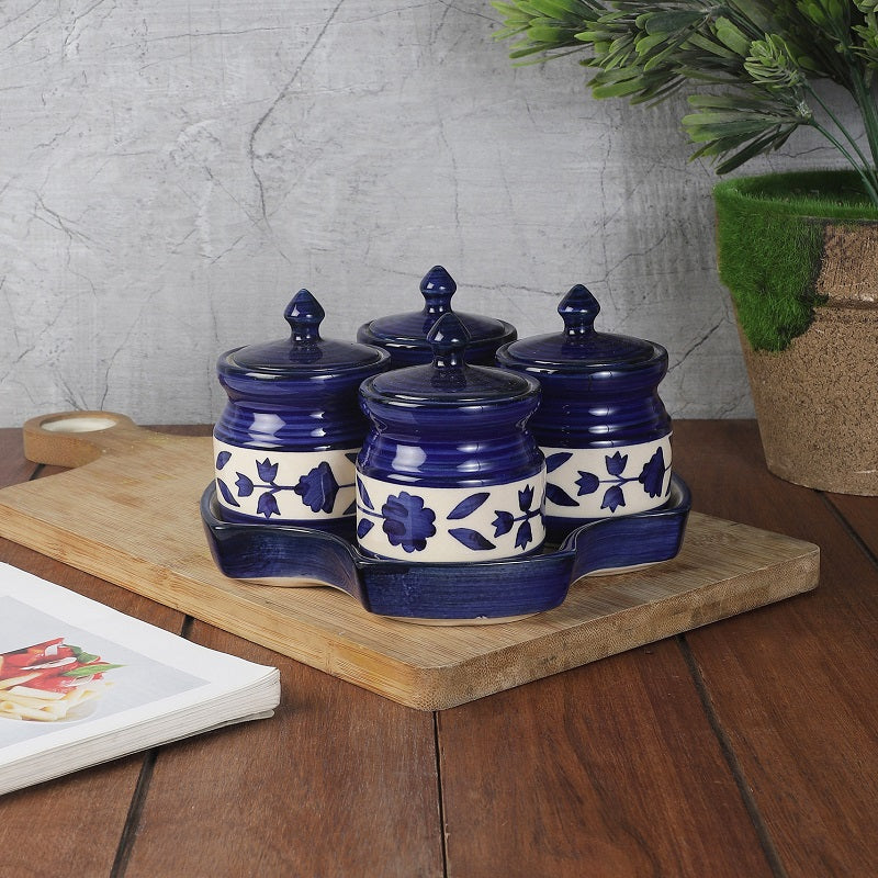 Blue Ceramic Handcrafted Pickle Jars with Tray (Set of 4)