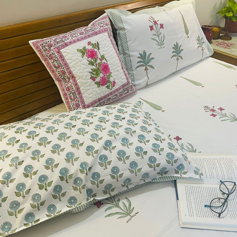 Palm Tree & Cypress Tree Painted Bedsheet With Pillow Covers