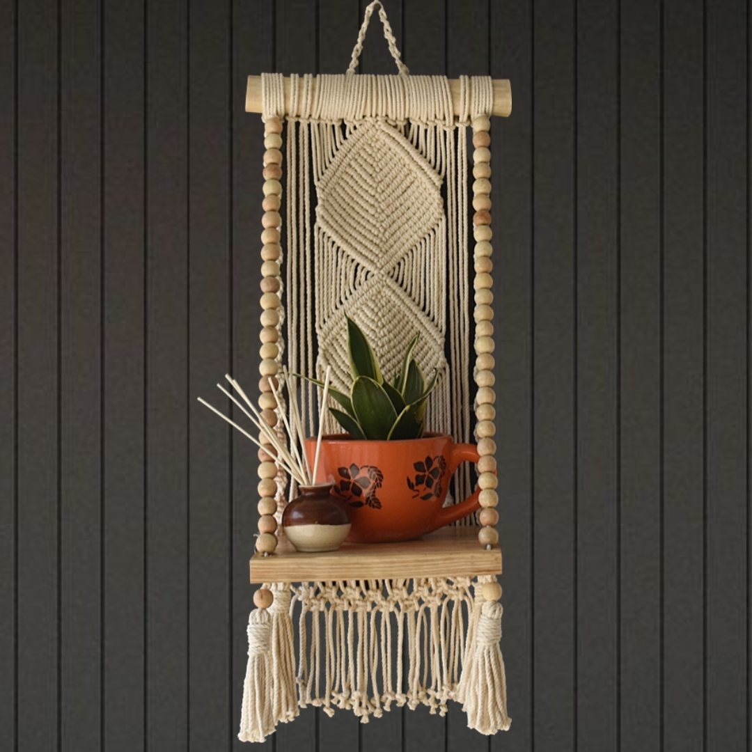 Macrame Floating Shelf with Wooden Beads