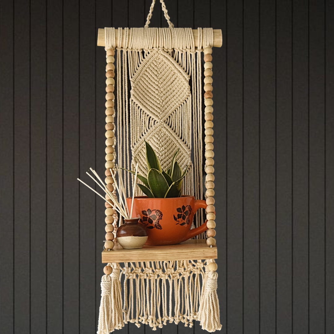 Macrame Floating Shelf with Wooden Beads