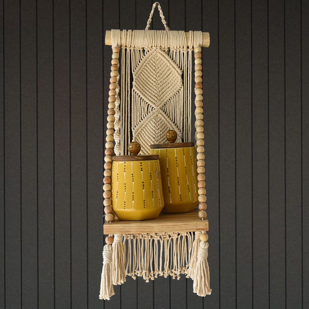 Macrame Floating Shelf with Wooden Beads