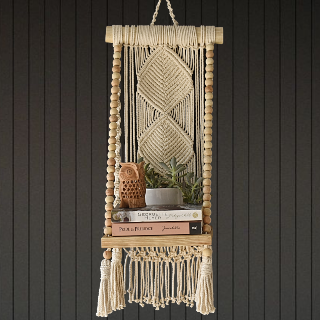 Macrame Floating Shelf with Wooden Beads