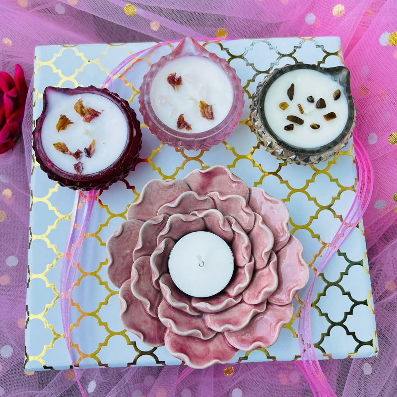 Diwali Gift Box I Ceramic Tea Light & Crystal Diya Candles