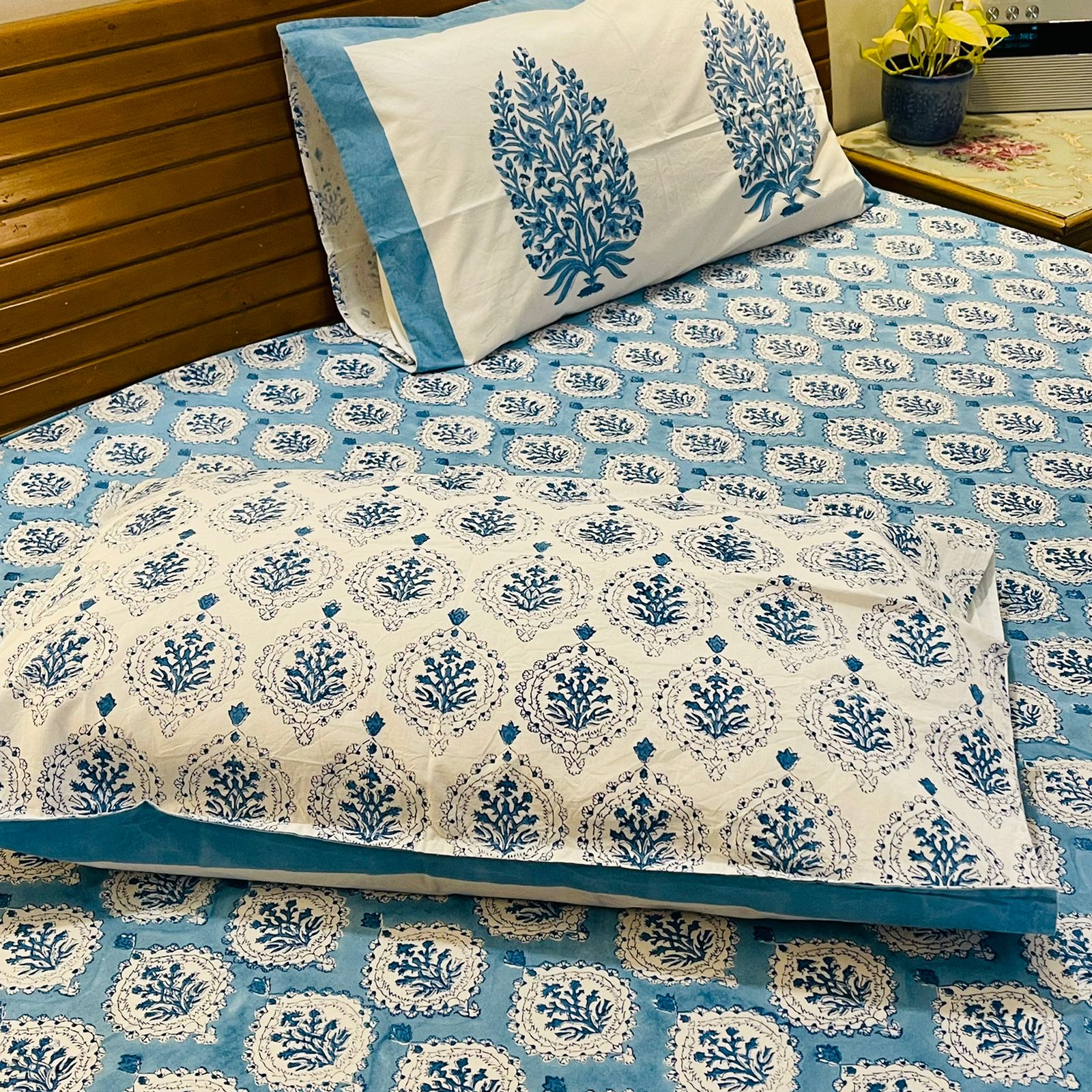 Blue Mughal Print Premium Cotton Queen Size Bedsheet Set