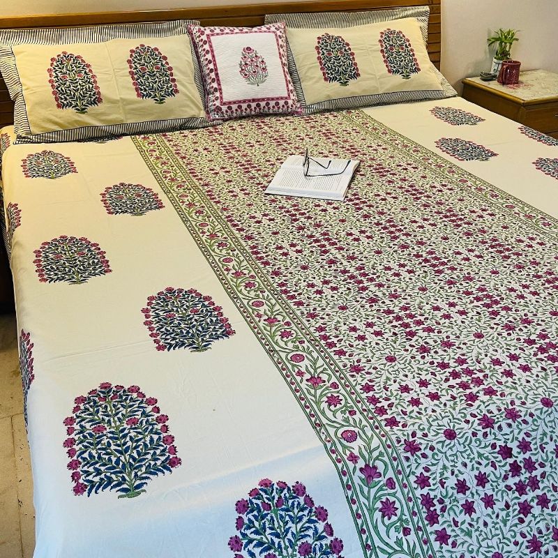 Mughal Floral Premium Cotton Bedsheet with Pillow Covers