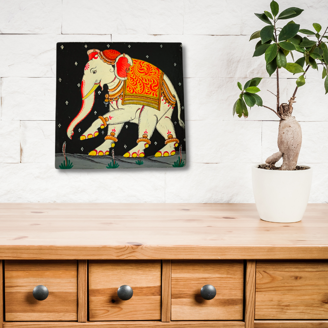 Pattachitra Elephant Square Wall Plate