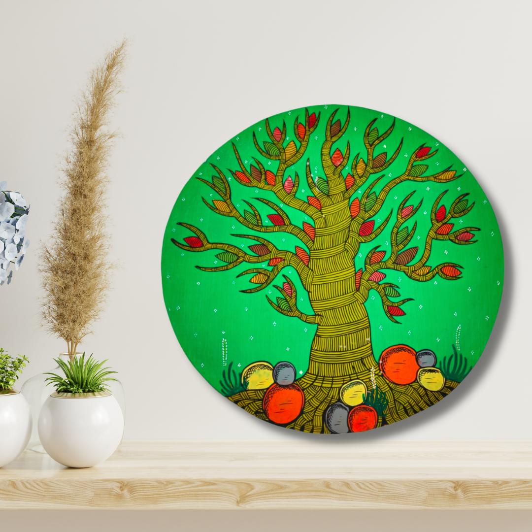 Hand-Painted Green Pattachitra Tree of Life Wall Plate
