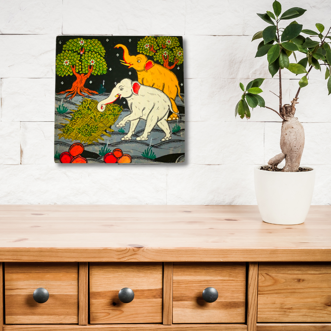 Hand Painted Pattachitra Elephant Couple Wall Plate