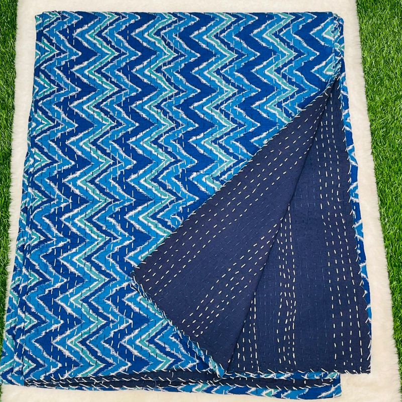 Blue Zig-Zag Kantha Work Bedcover (Queen Size)
