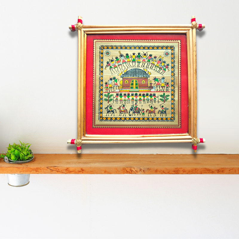 Handprinted Saura (Home & People) Painting with Palm Leaf Frame