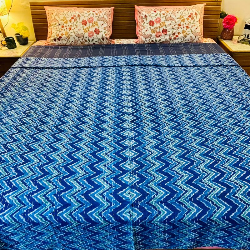 Blue Zig-Zag Kantha Work Bedcover (Queen Size)