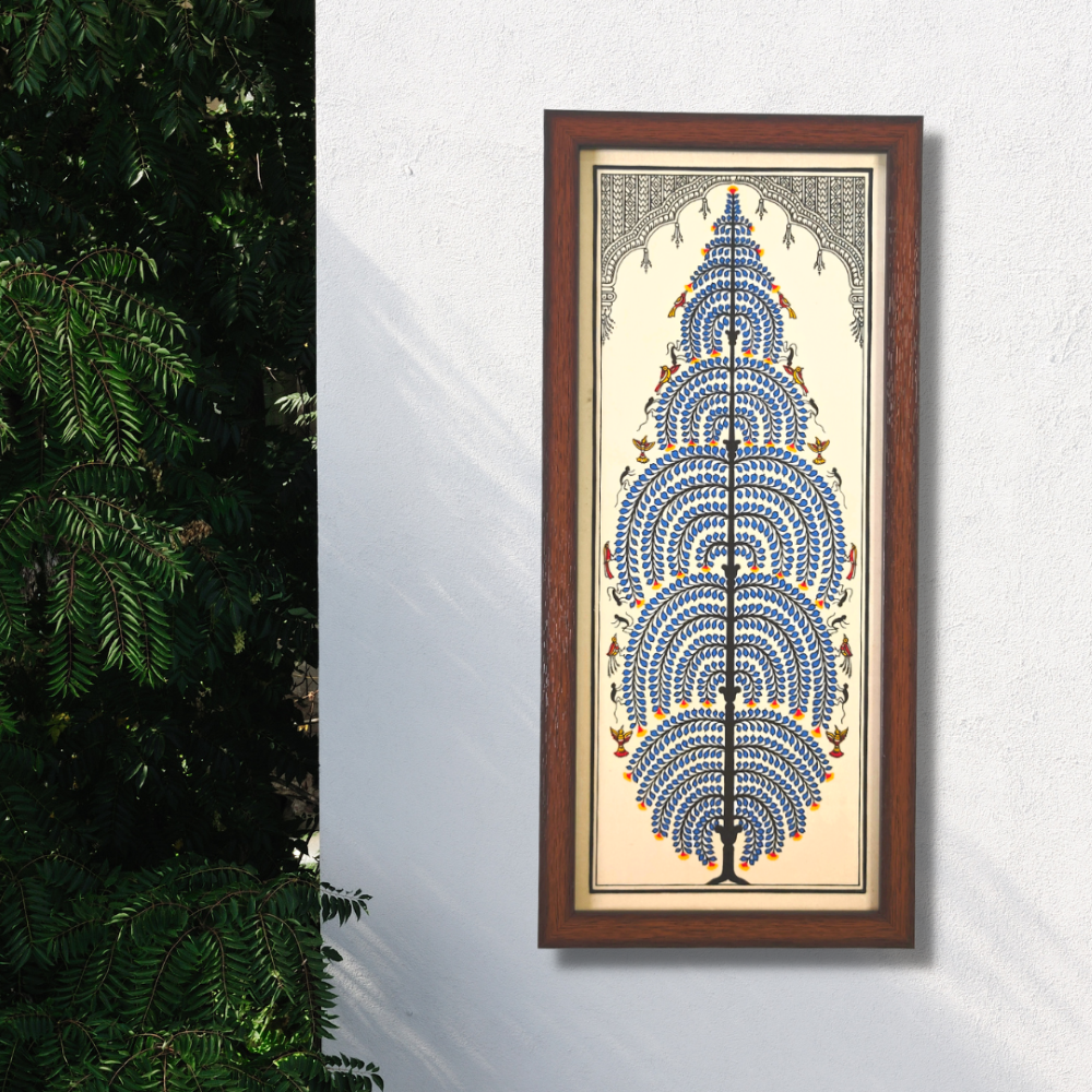 Blue Tussar Silk Painting | Pattachitra Tree of Life | Framed Artwork