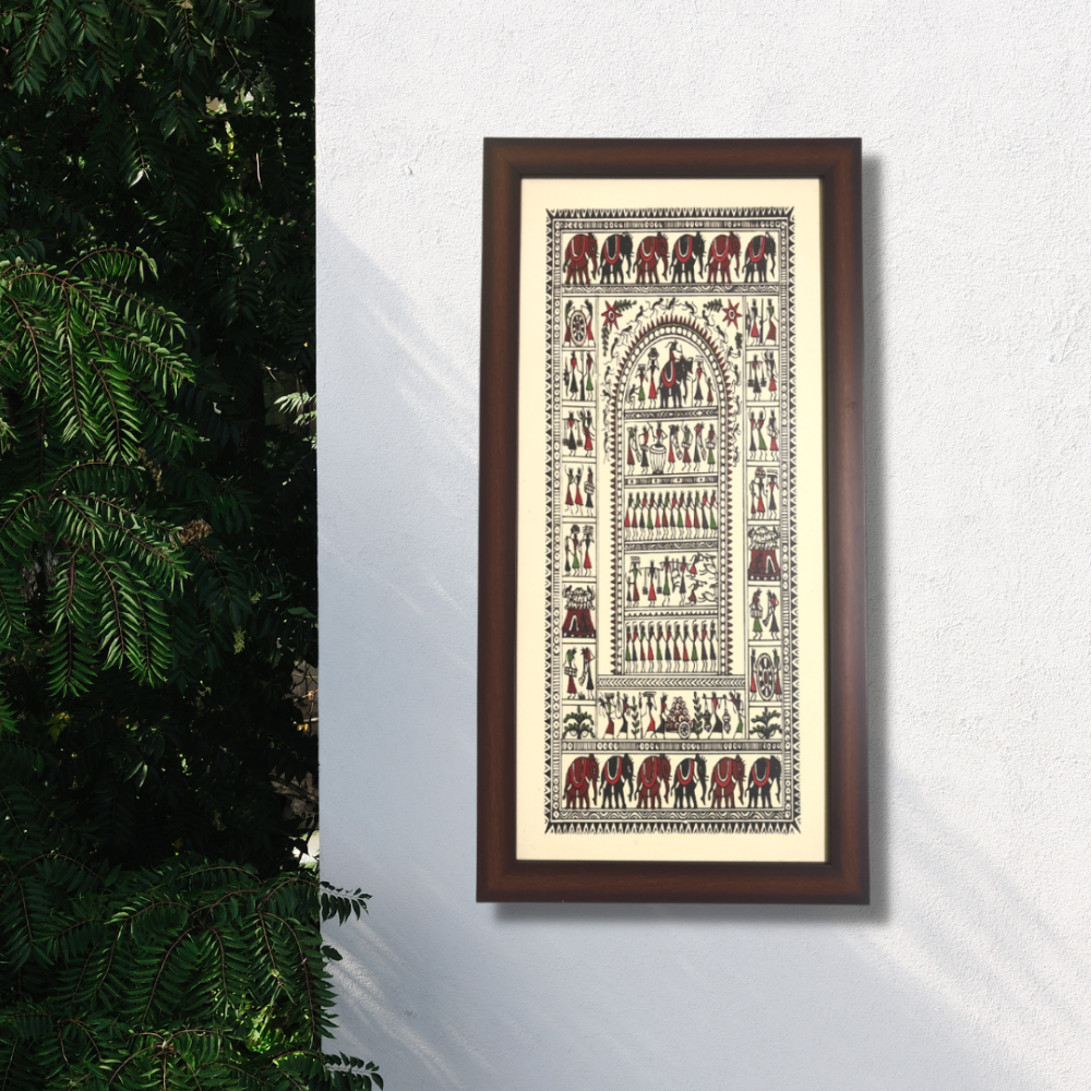 Hand Printed Framed Saura Tribal Painting on Tussar Silk