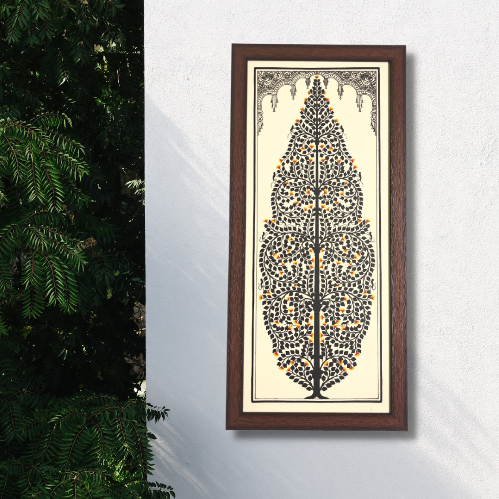 Black Tree of Life Tussar Silk Picture Frame | Pattachitra Painting