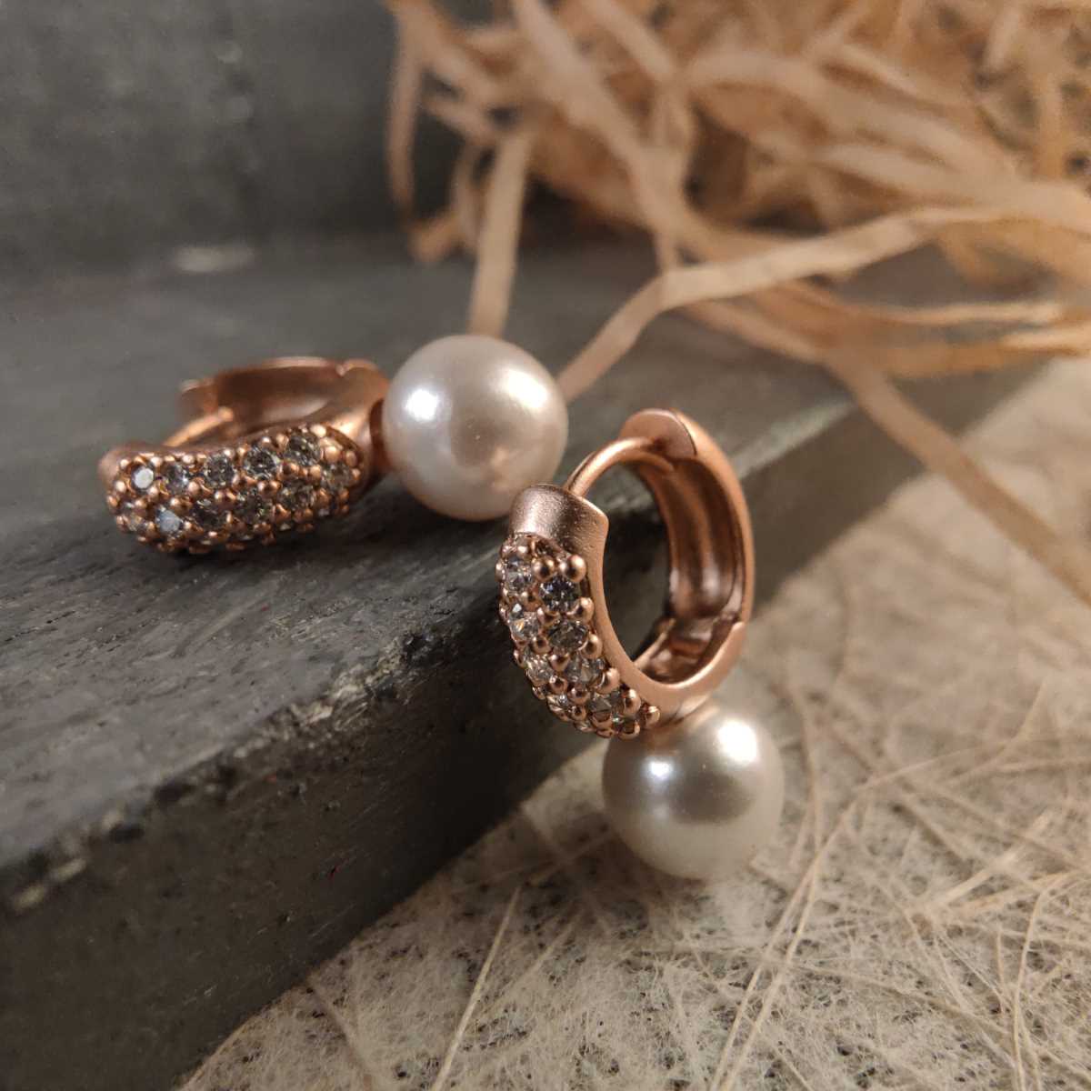 AD Studded Pearl Drop Earring-Rose Gold