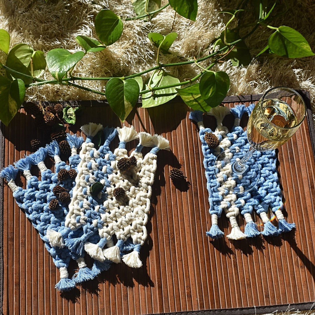 Handmade Macrame Blue & White Coasters (Set of 4)
