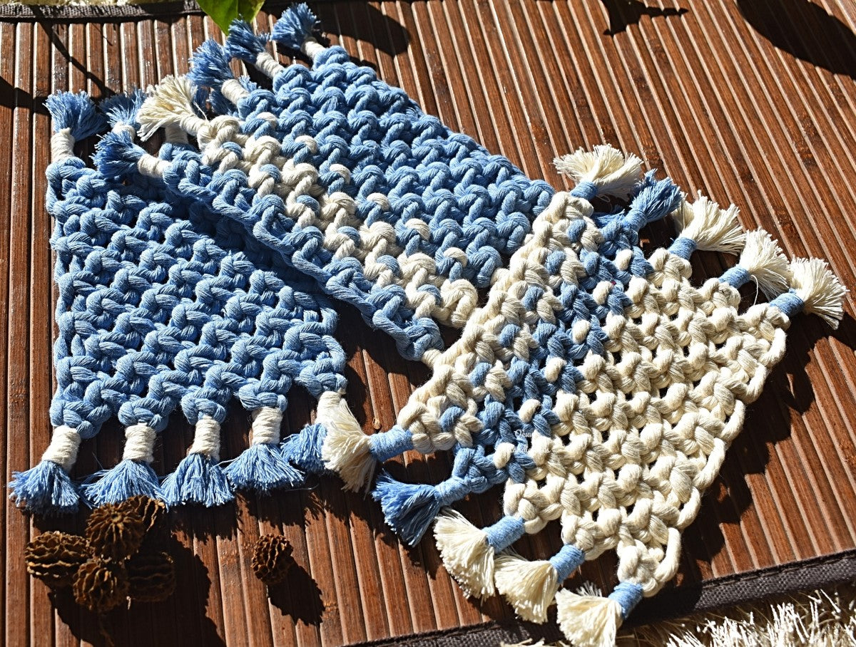 Handmade Macrame Blue & White Coasters (Set of 4)