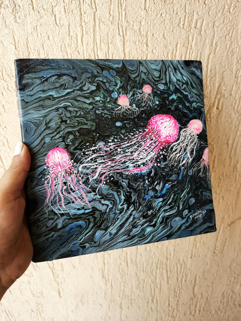 Pink Jelly Fish Fluid Art (8" X 8")