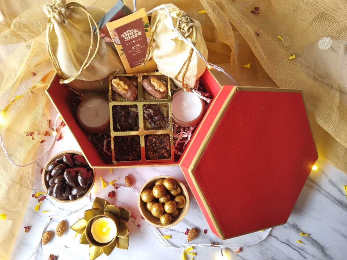 Diwali Hamper in Hexagonal Red Rigid Hard Box