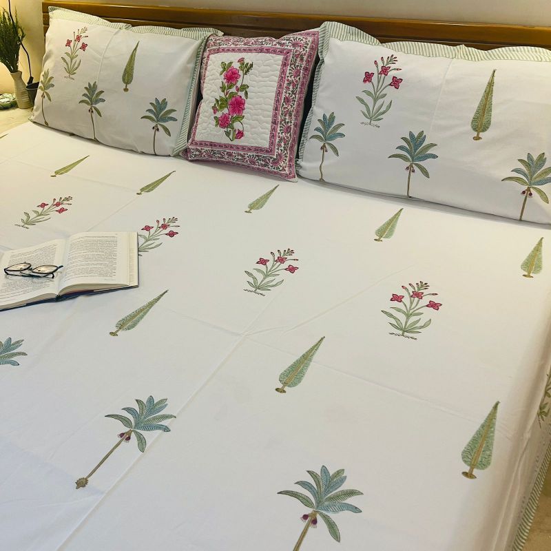 Palm Tree & Cypress Tree Painted Bedsheet With Pillow Covers