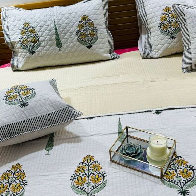 Mustard Floral Quilted Cotton Bedcover