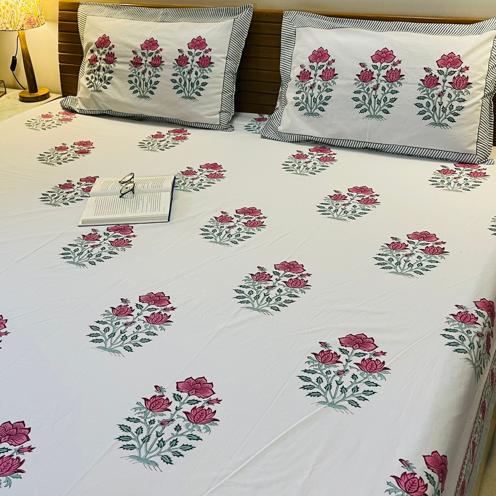 White Floral Premium Cotton Bedsheet (Queen Size) with Pillow Covers
