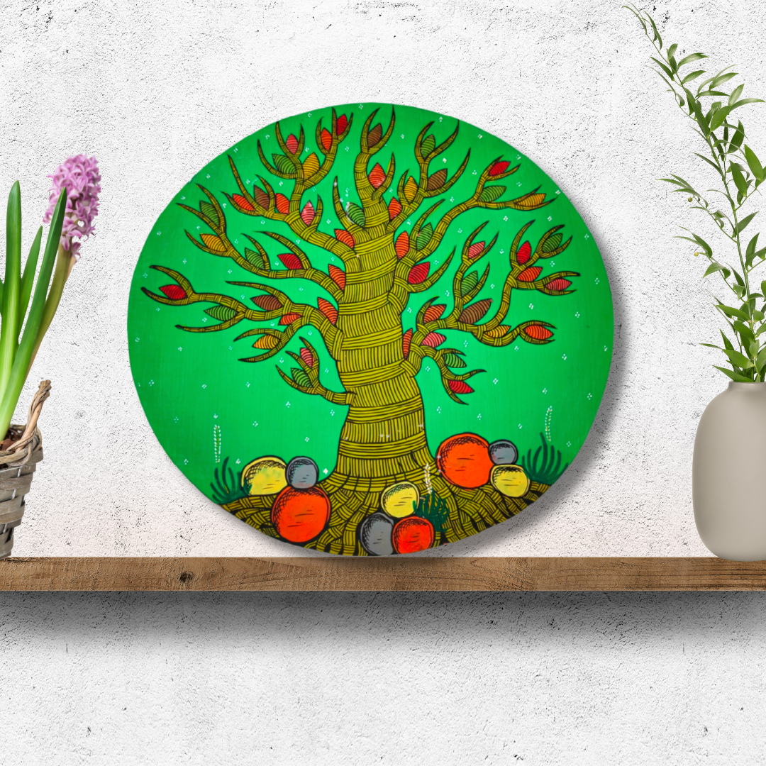 Hand-Painted Green Pattachitra Tree of Life Wall Plate